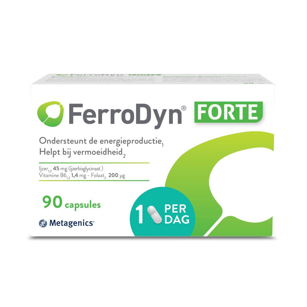 Witte doos met "FerroDyn FORTE"-logo. Bevat 90 capsules. 1 capsule per dag.