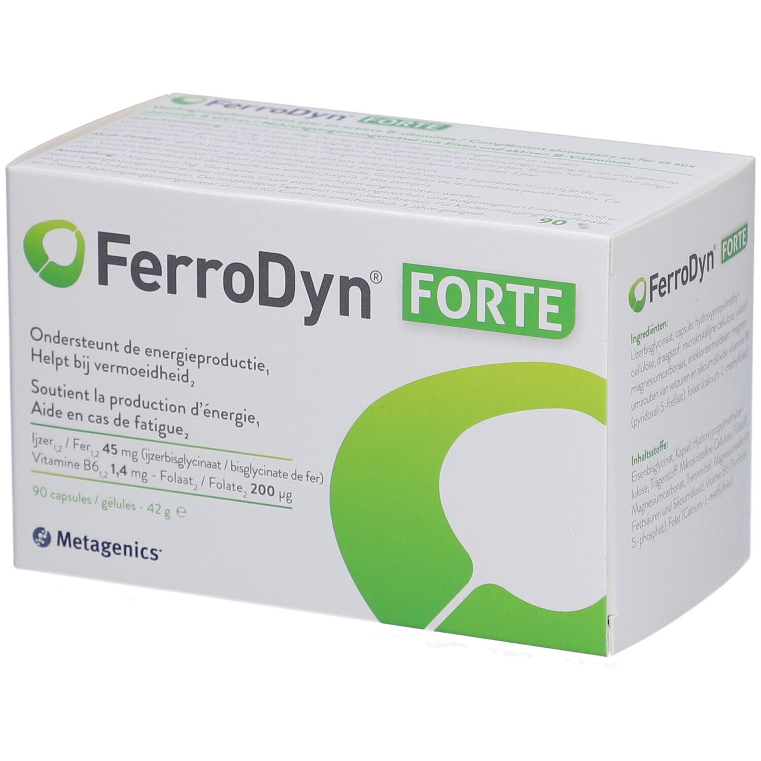 Witte doos met groen logo en tekst FerroDyn FORTE. Bevat 90 capsules. Merk Metagenics.