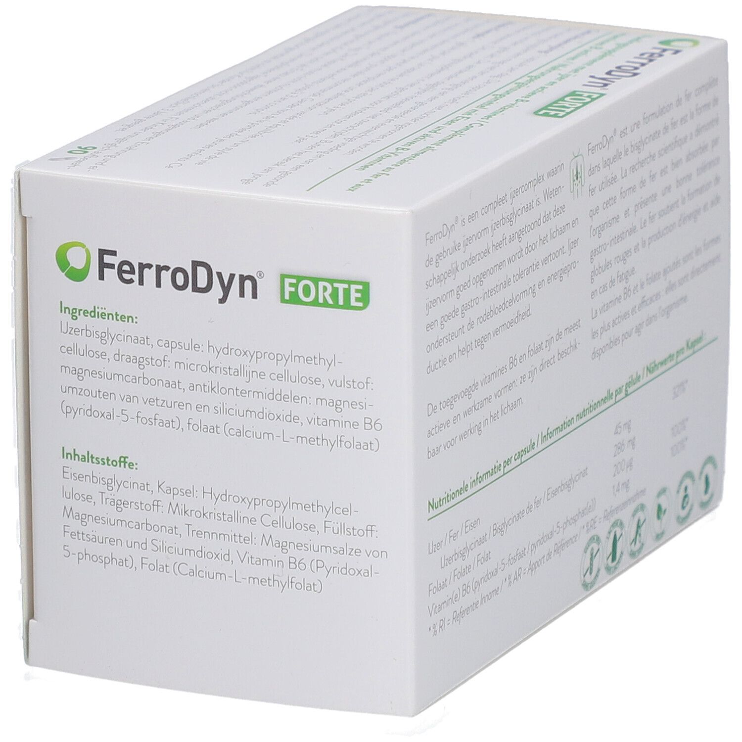 Witte doos met groen logo en tekst FerroDyn FORTE. Bevat ingrediënten in het Duits en Nederlands.