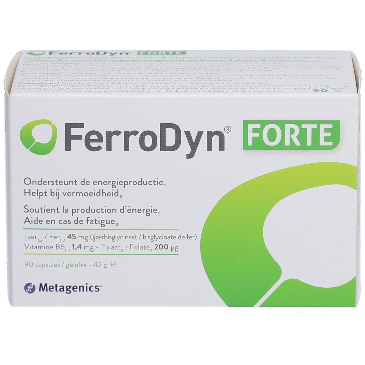 Witte doos met groen logo en tekst FerroDyn FORTE. Bevat 90 capsules. Merk Metagenics.