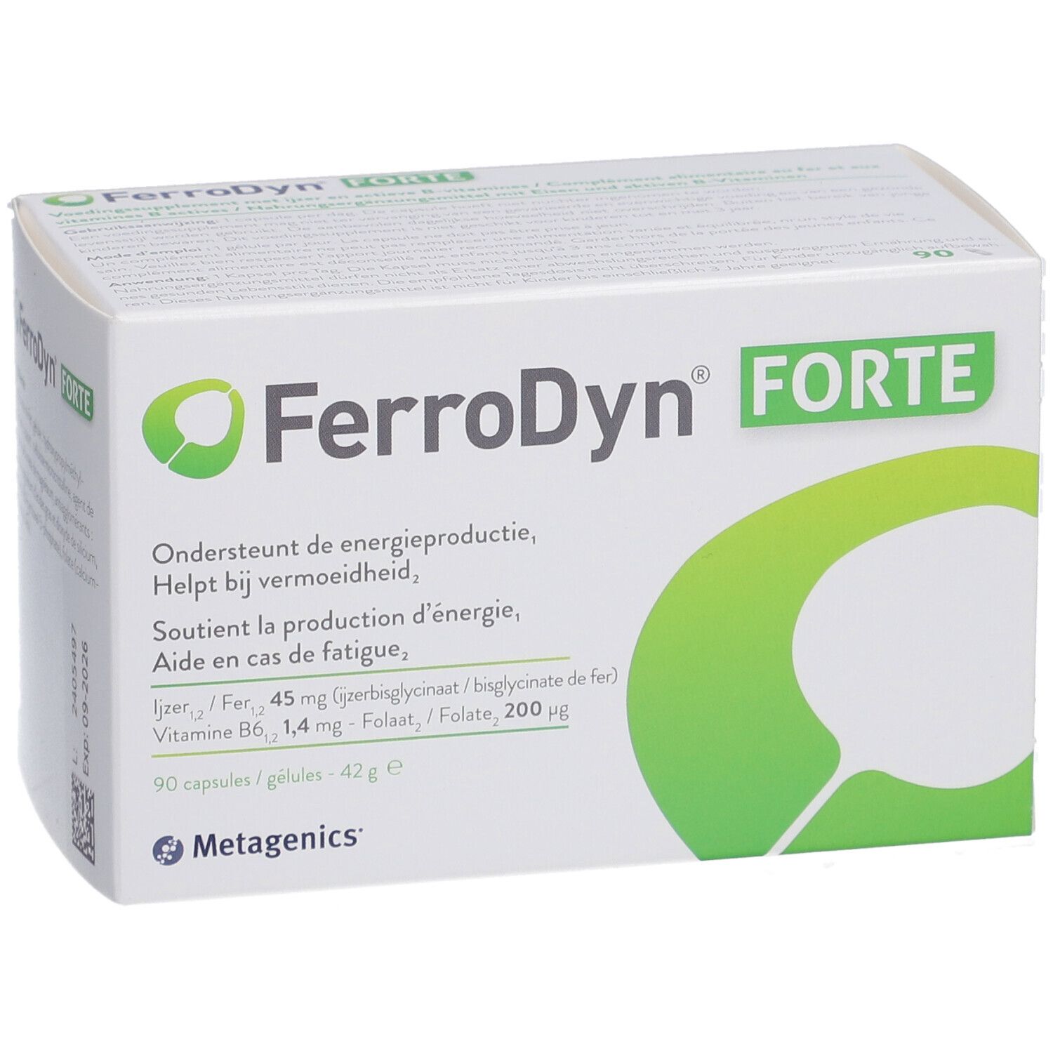 Witte doos met groen logo en tekst FerroDyn FORTE. Bevat 90 capsules. Merk Metagenics.