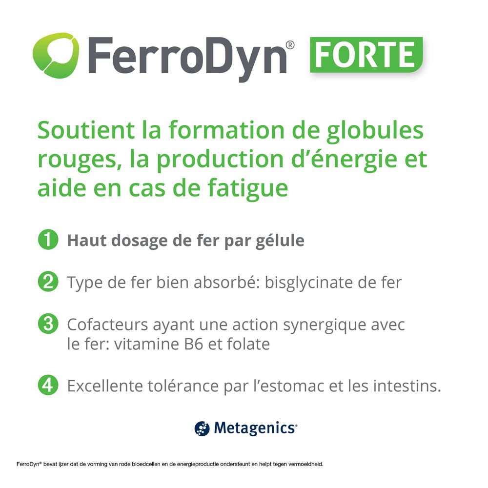 Texte sur fond blanc. Décrit les avantages de FerroDyn FORTE. Logo Metagenics.
