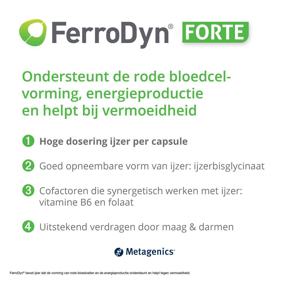 Tekst op witte achtergrond. Beschrijft voordelen van FerroDyn FORTE. Metagenics-logo.