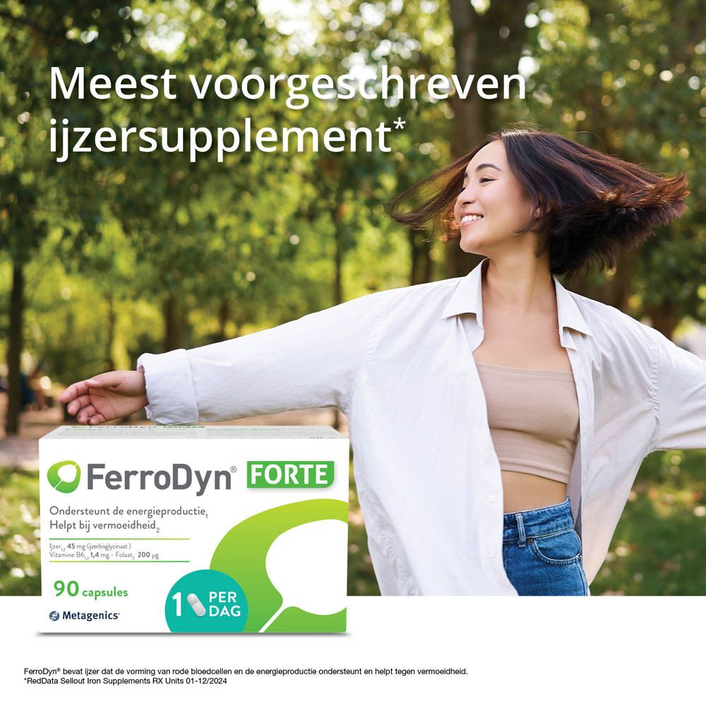 Vrouw houdt "FerroDyn FORTE"-verpakking vast. Achtergrond: bomen. Tekst: "Meest voorgeschreven ijzersupplement".