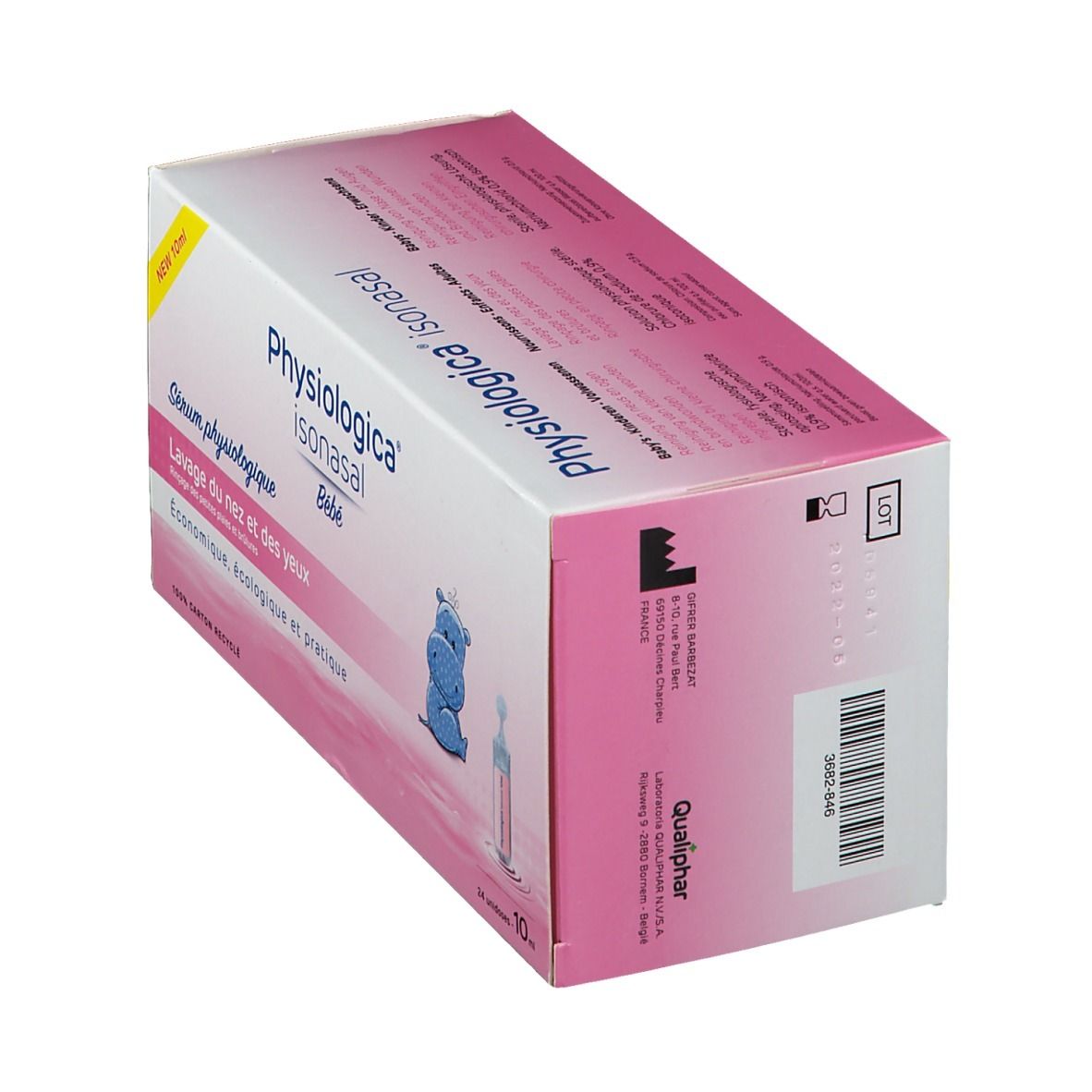 Boîte Physiologica Isonasal Baby, en biais. Emballage rose et blanc avec logo et texte. Logo Qualiphar et numéro de lot.
