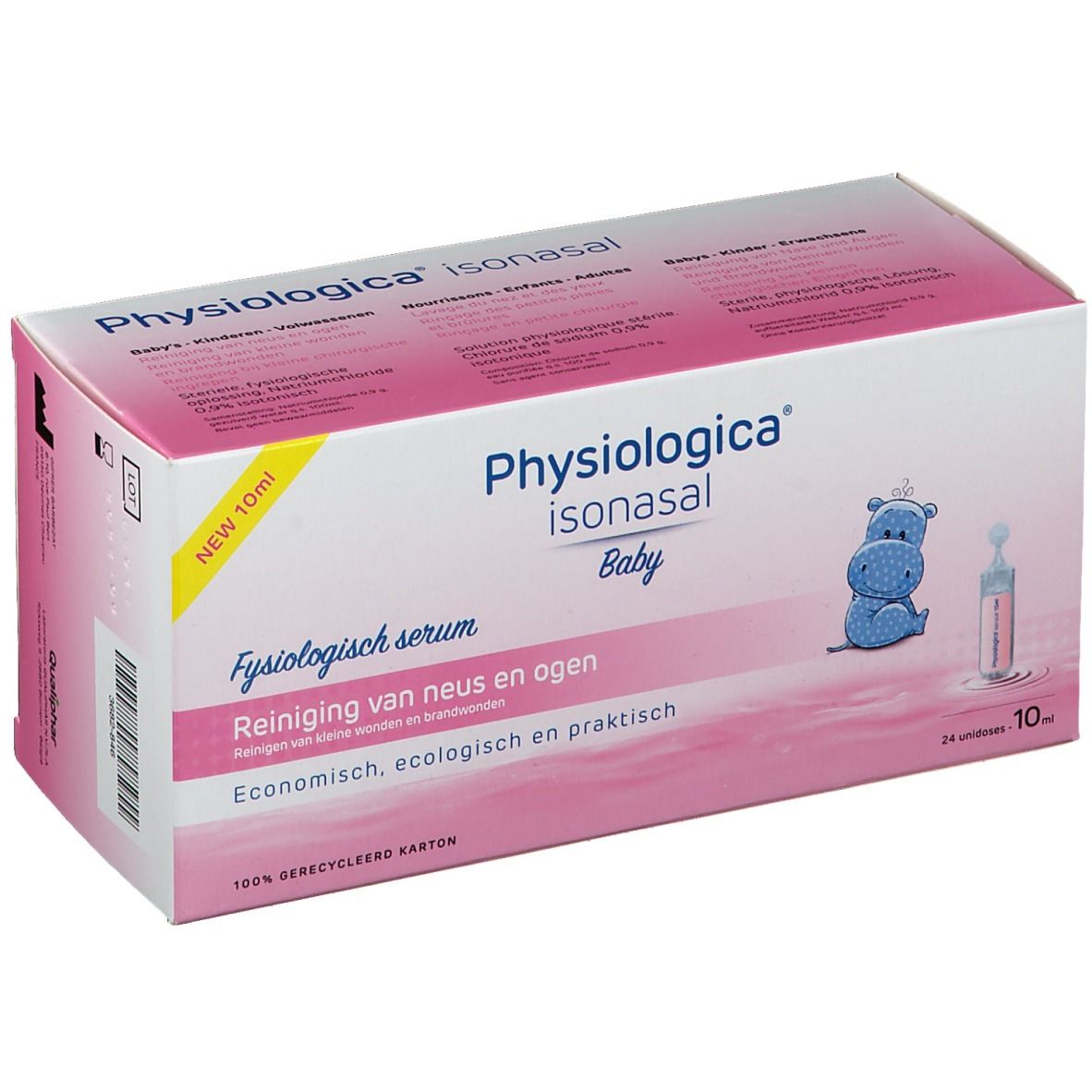 Boîte Physiologica Isonasal Baby. Emballage rose et blanc avec logo, illustration et texte. 24 unidoses.