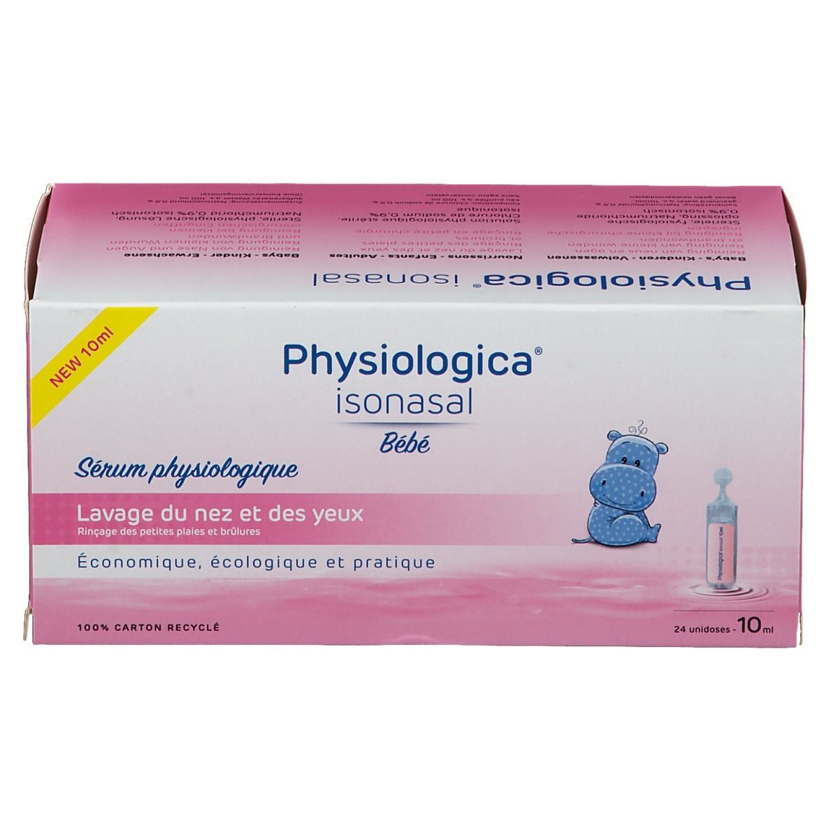 Boîte Physiologica Isonasal Baby. Emballage rose et blanc avec logo, illustration et texte. 24 unidoses.