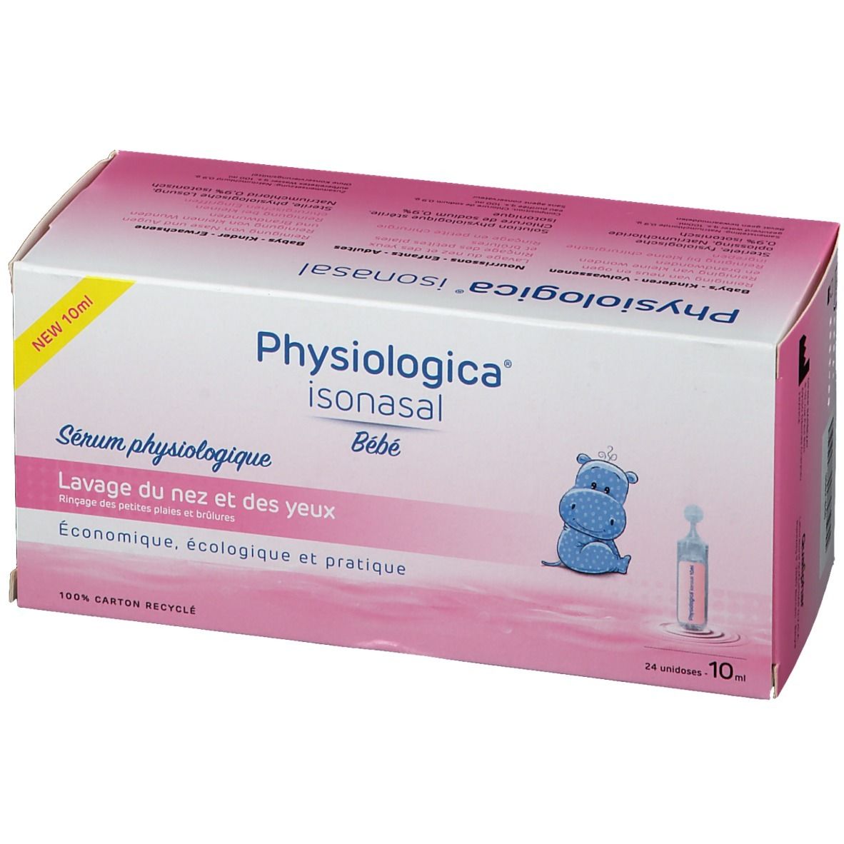 Boîte Physiologica Isonasal Baby. Emballage rose et blanc avec logo, illustration et texte. 24 unidoses.