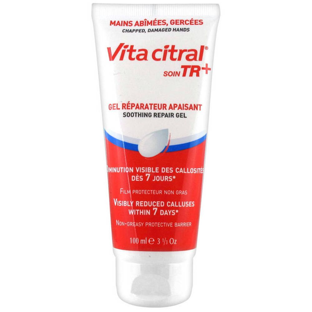 Tube de gel Vita citral® TR+. Blanc, rouge et bleu. Texte : "Mains abîmées, gercées".