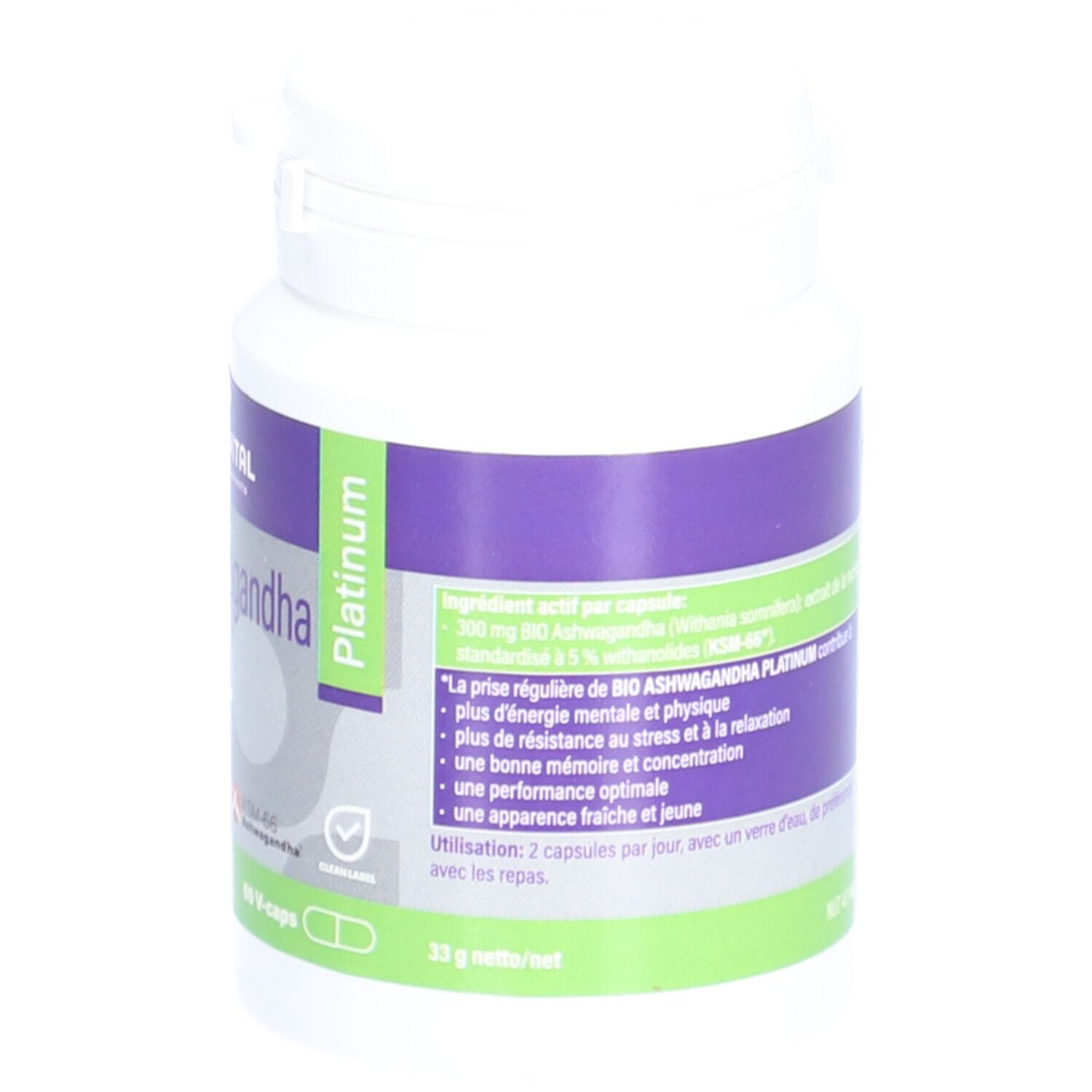 Flacon blanc avec étiquettes violettes et vertes. Texte : BIO Ashwagandha Platinum, 60 V-caps. Logo KSM-66.