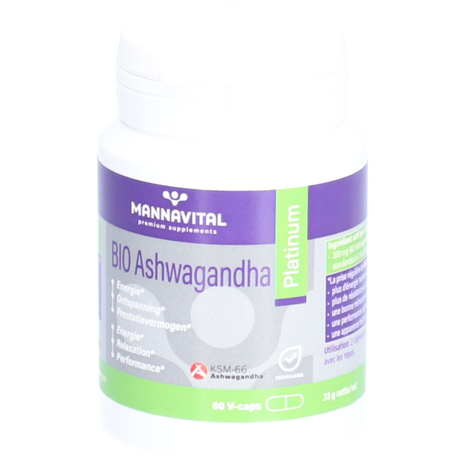 Flacon blanc de complément alimentaire avec étiquettes violettes et vertes. Inscription : BIO Ashwagandha, 60 V-caps.