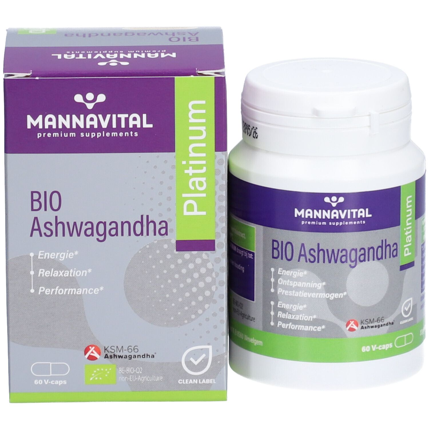 Flacon et boîte de complément alimentaire. Inscription : BIO Ashwagandha, 60 V-caps. Logo KSM-66.