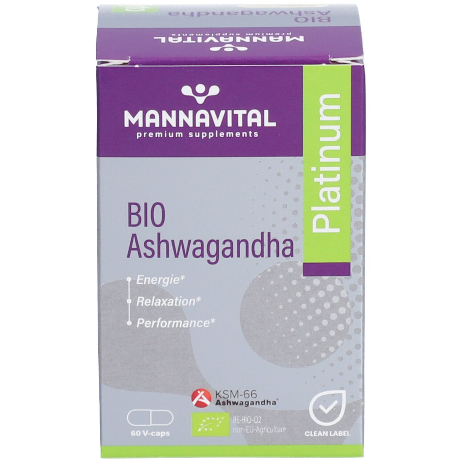 Boîte de complément alimentaire. Inscription : BIO Ashwagandha, 60 V-caps. Logo KSM-66.