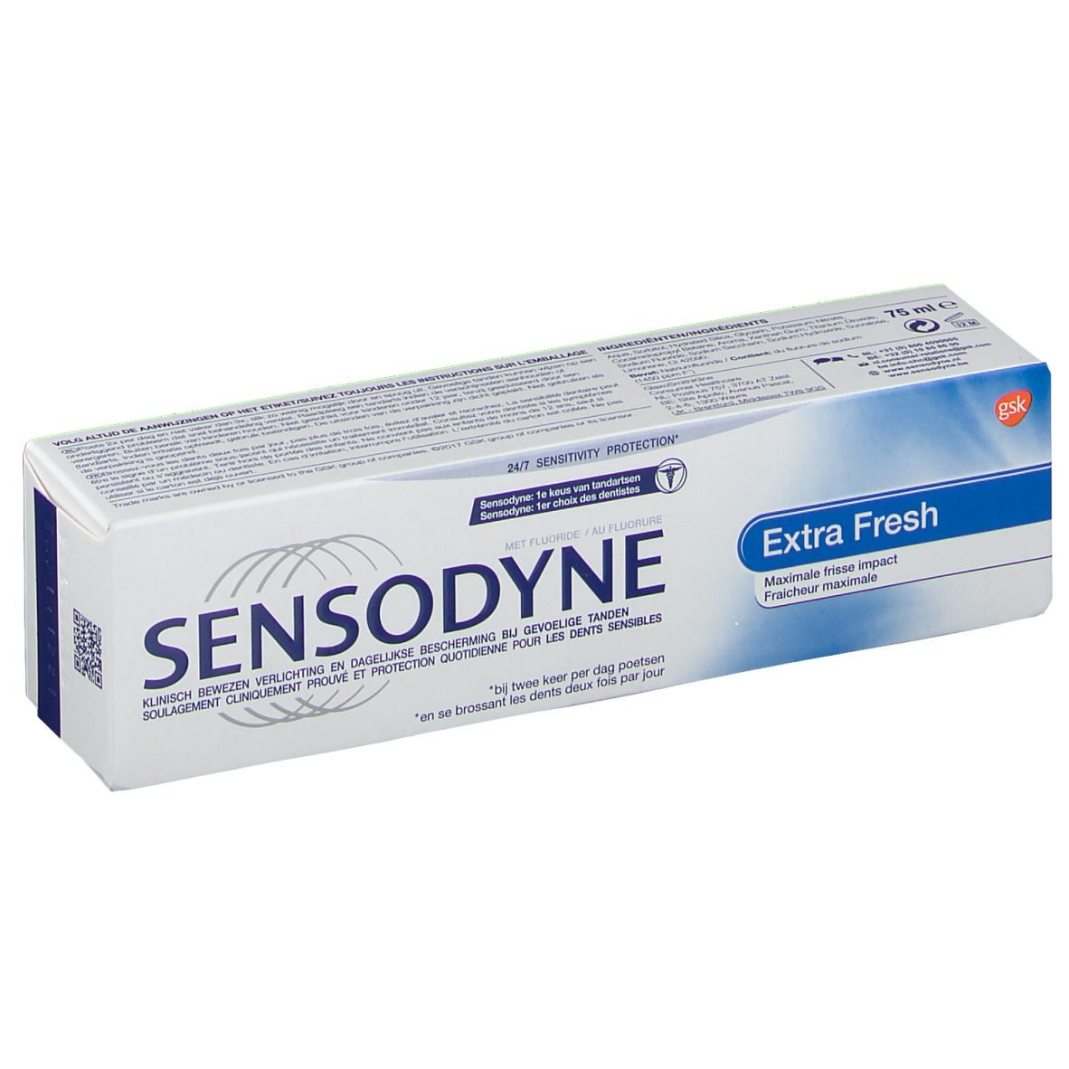 Emballage de dentifrice blanc et bleu. Inscription SENSODYNE, Extra Frais. Contient du fluorure. 75 ml.