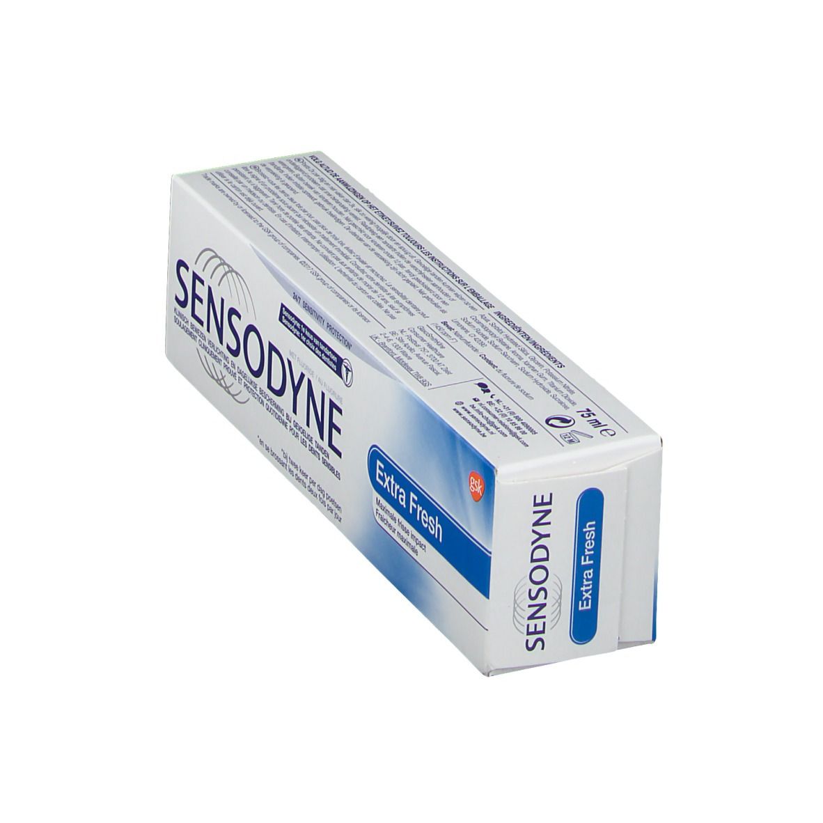 Emballage de dentifrice blanc et bleu. Inscription SENSODYNE, Extra Frais. Contient du fluorure. 75 ml.