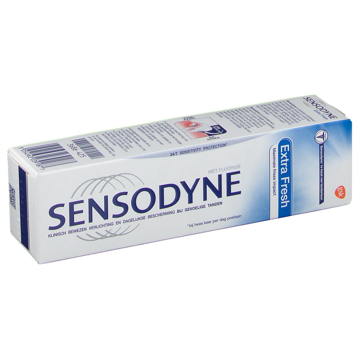 Emballage de dentifrice blanc et bleu. Inscription SENSODYNE, Extra Frais. Contient du fluorure. 75 ml.