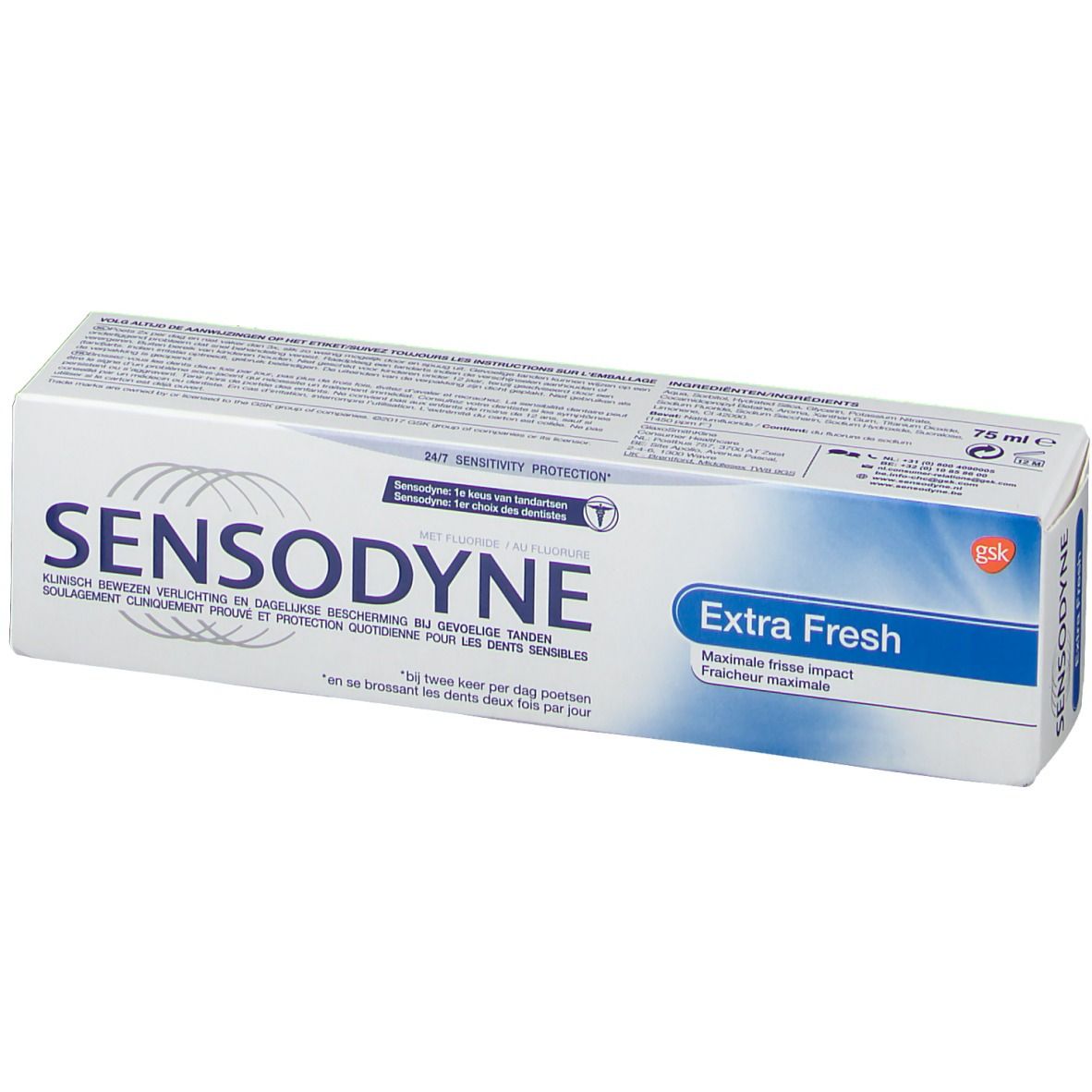 Emballage de dentifrice blanc et bleu. Inscription SENSODYNE, Extra Frais. Contient du fluorure. 75 ml.