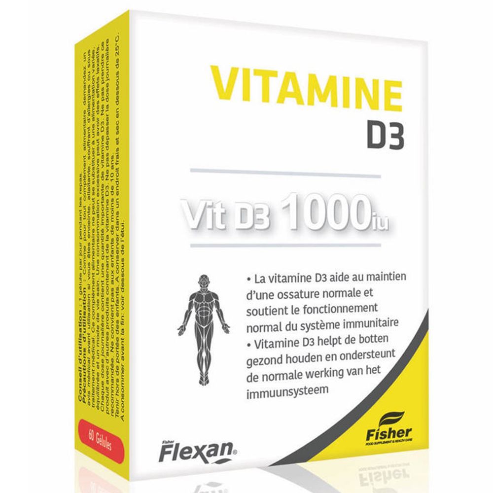 Boîte Flexan® Vitamine D3 1000 UI. Emballage blanc et jaune avec nom et informations. Contient 60 gélules.