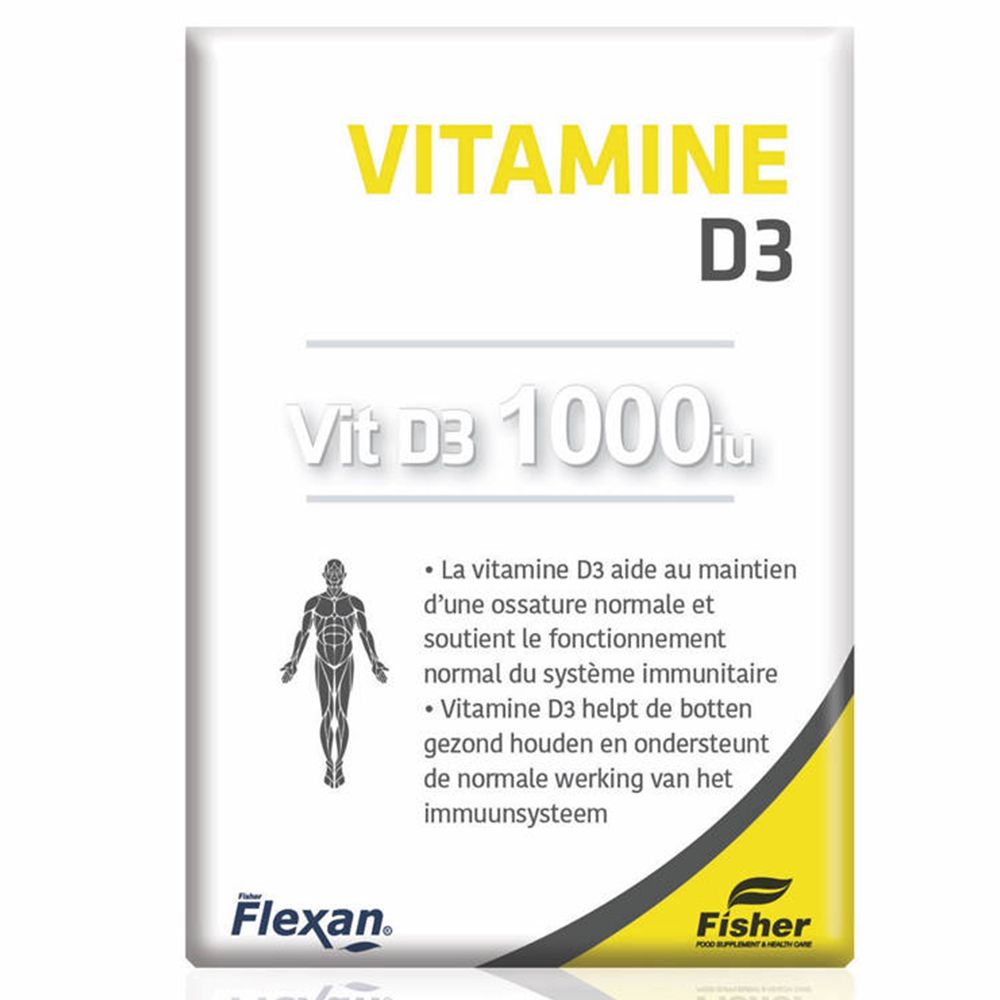 Boîte Flexan® Vitamine D3 1000 UI. Emballage blanc avec accents jaunes. Nom et informations du produit clairement visibles.