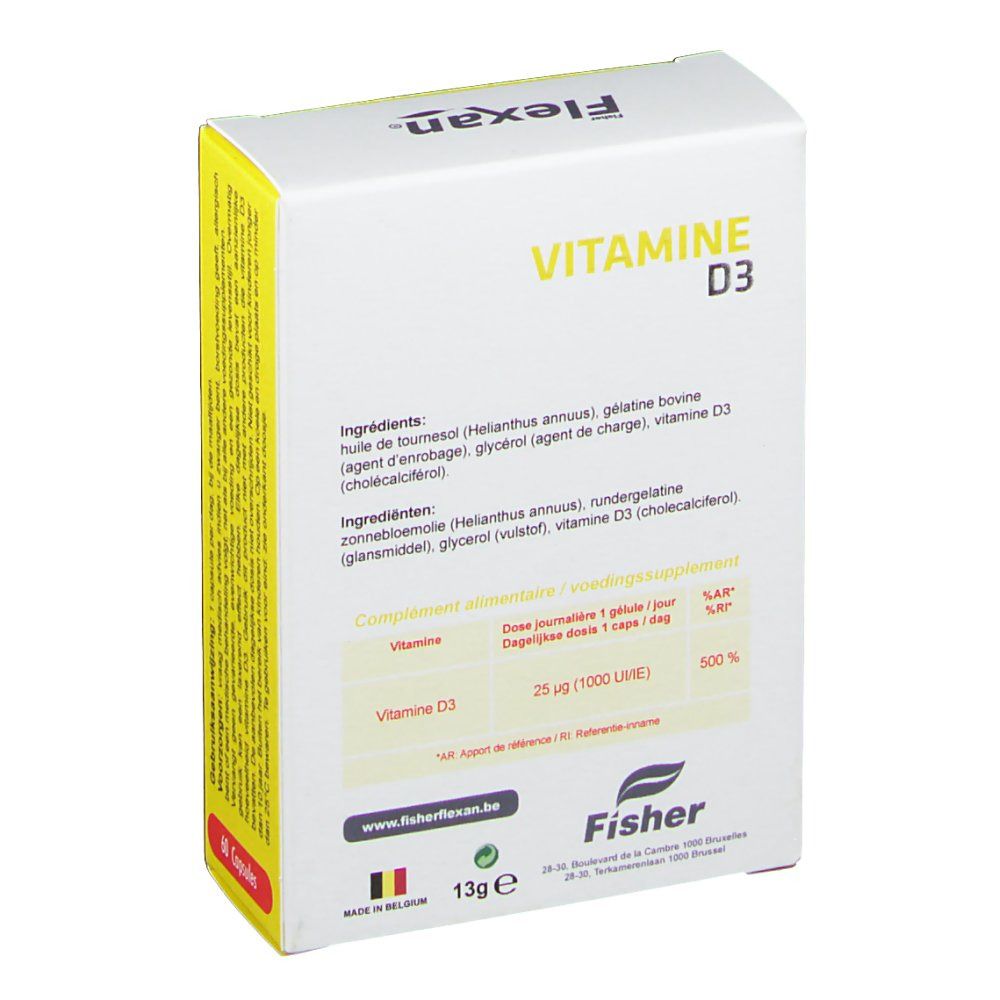 Dos de la boîte Flexan® Vitamine D3 1000 UI. Contient ingrédients, informations nutritionnelles et fabricant.