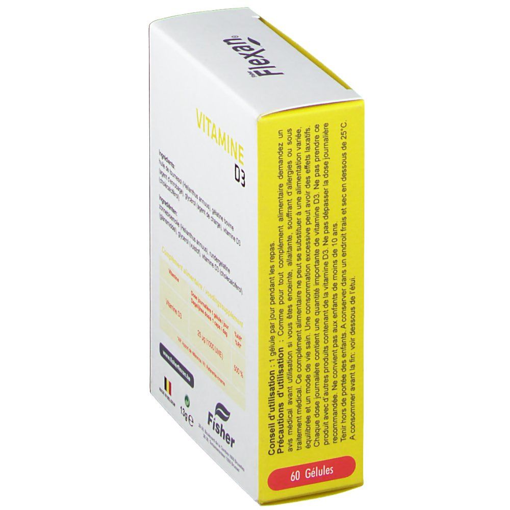 Vue latérale de la boîte Flexan® Vitamine D3 1000 UI. Contient des informations sur les ingrédients et l'utilisation.