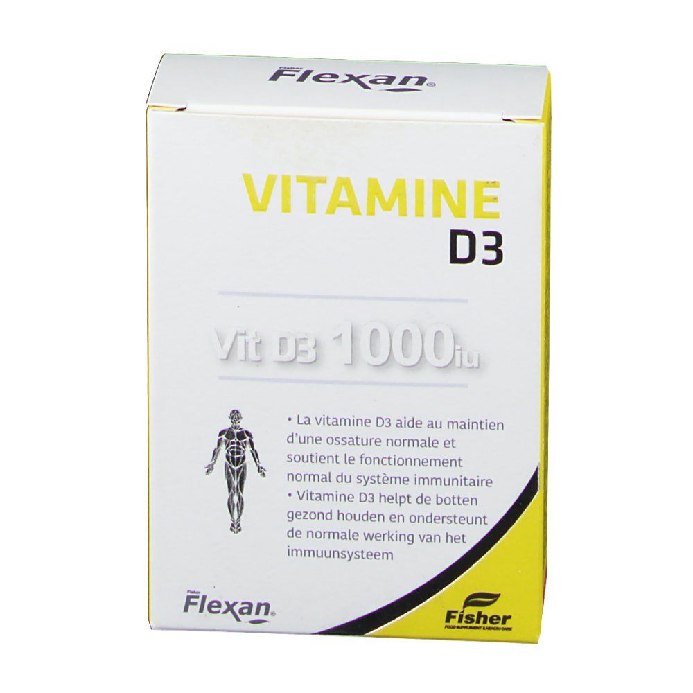 Boîte Flexan® Vitamine D3 1000 UI. Emballage blanc avec accents jaunes. Nom et informations du produit visibles.