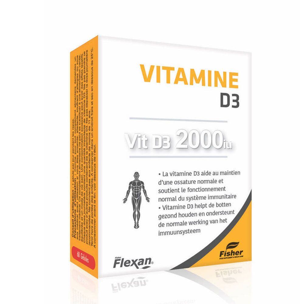 Boîte Flexan® VITAMINE D3. Carton blanc avec accents jaunes et noirs. Inscription: VITAMINE D3, Vit D3 2000iu.