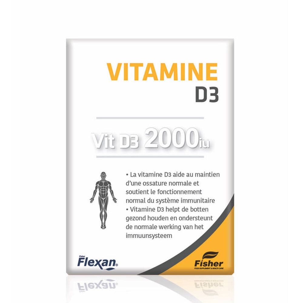 Boîte Flexan® VITAMINE D3. Carton blanc avec accents jaunes et noirs. Inscription: VITAMINE D3, Vit D3 2000iu.