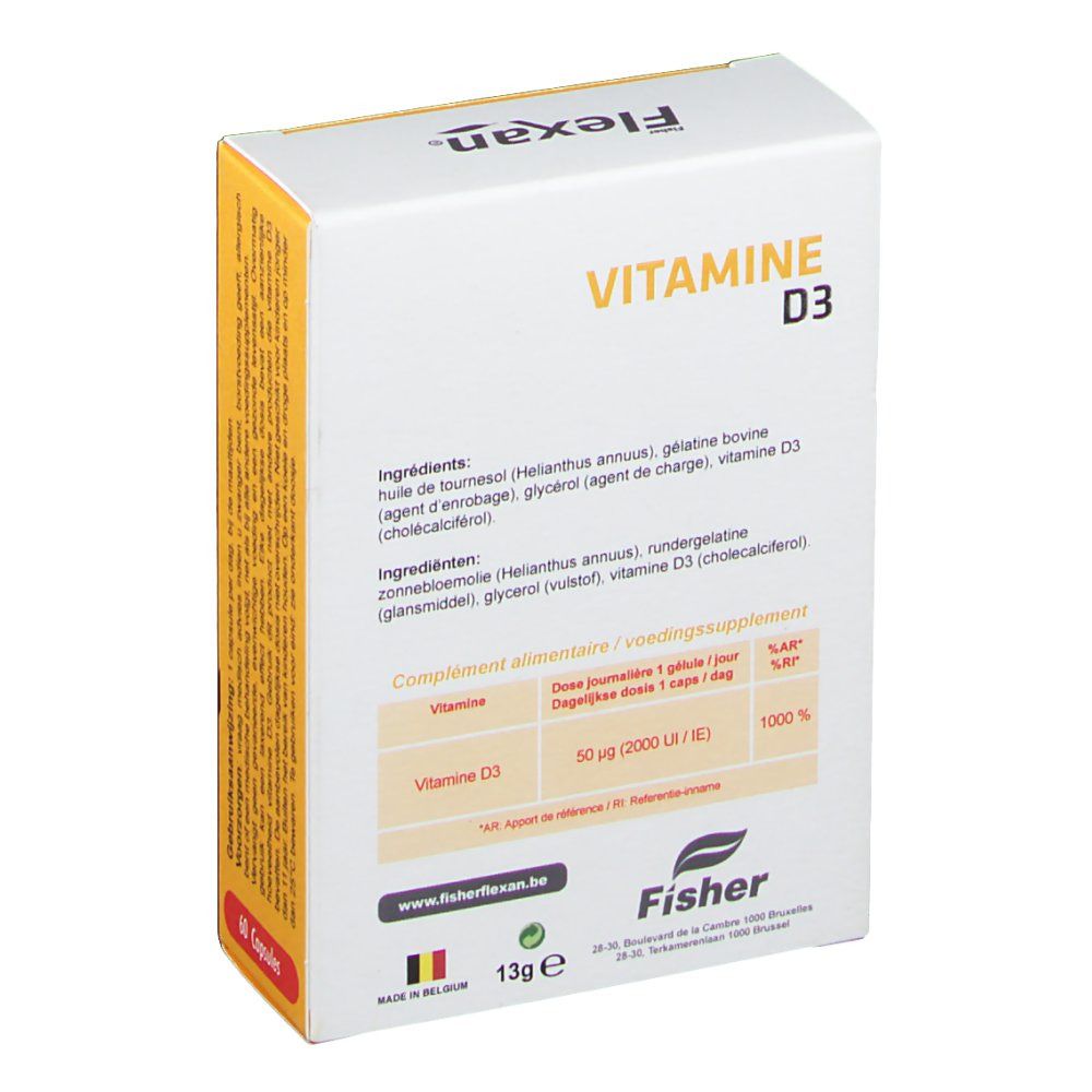 Boîte Flexan® VITAMINE D3, dos. Ingrédients et tableau nutritionnel. Marque: Fisher.