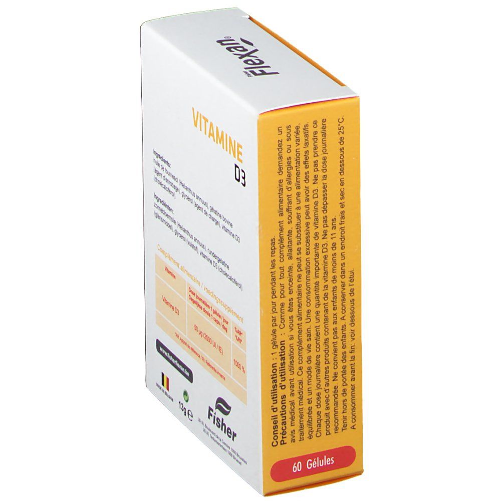 Boîte Flexan® VITAMINE D3, vue latérale. Texte et informations nutritionnelles. Marque: Fisher.