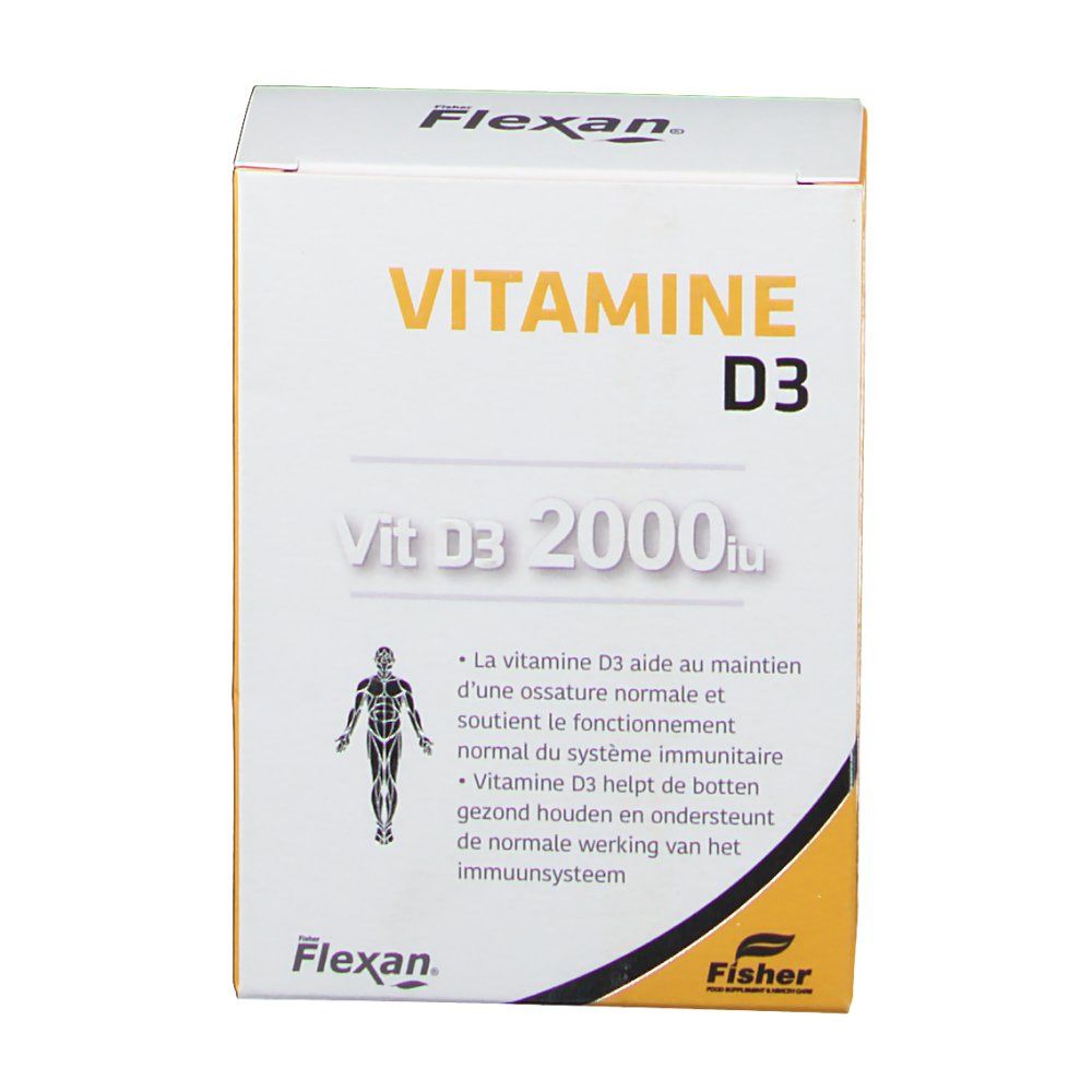 Boîte Flexan® VITAMINE D3. Carton blanc avec accents jaunes et noirs. Inscription: VITAMINE D3, Vit D3 2000iu.