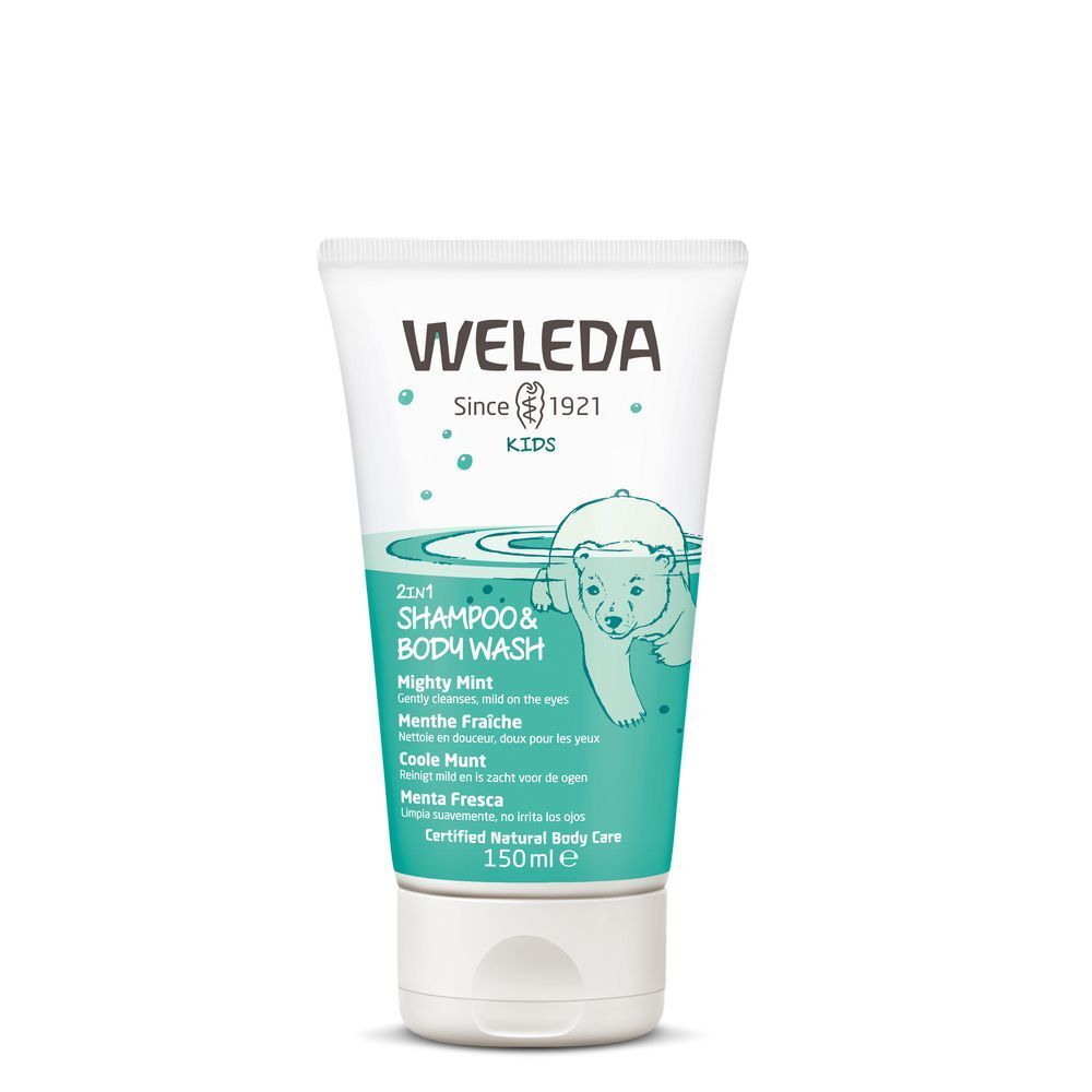 Weleda Kids 2 en 1 Shampoo & Gel douche. Tube avec étiquette verte, illustration d'ours polaire. Texte: Mighty Mint, 150ml.