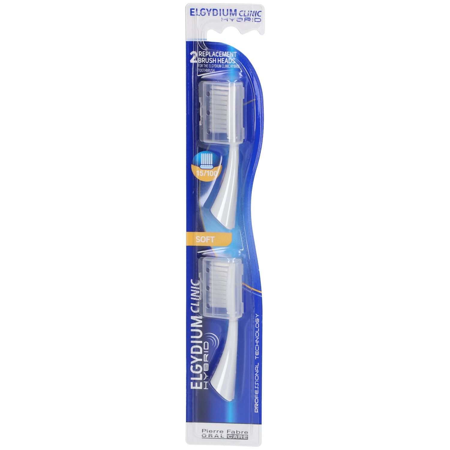 Deux têtes de brosse de rechange Elgydium Clinic Hybrid. Soie blanche, emballage bleu avec nom du produit.