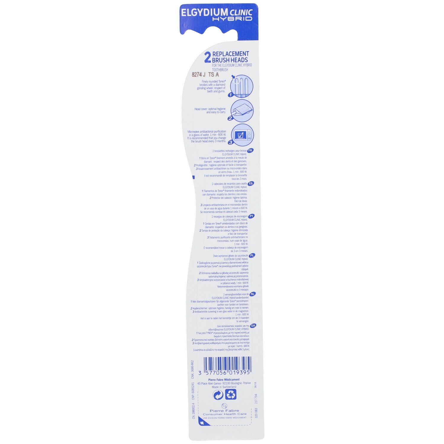 Dos de l'emballage Elgydium Clinic Hybrid. Texte multilingue, informations produit.