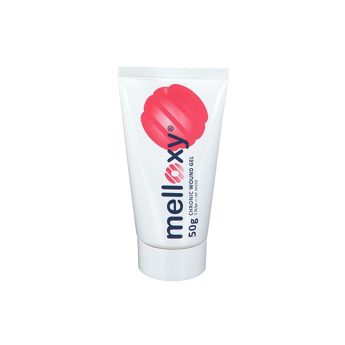 Tube blanc avec logo rouge et texte. Contient 50g de gel pour plaies chroniques. Inscriptions: marquage CE, numéro de lot.