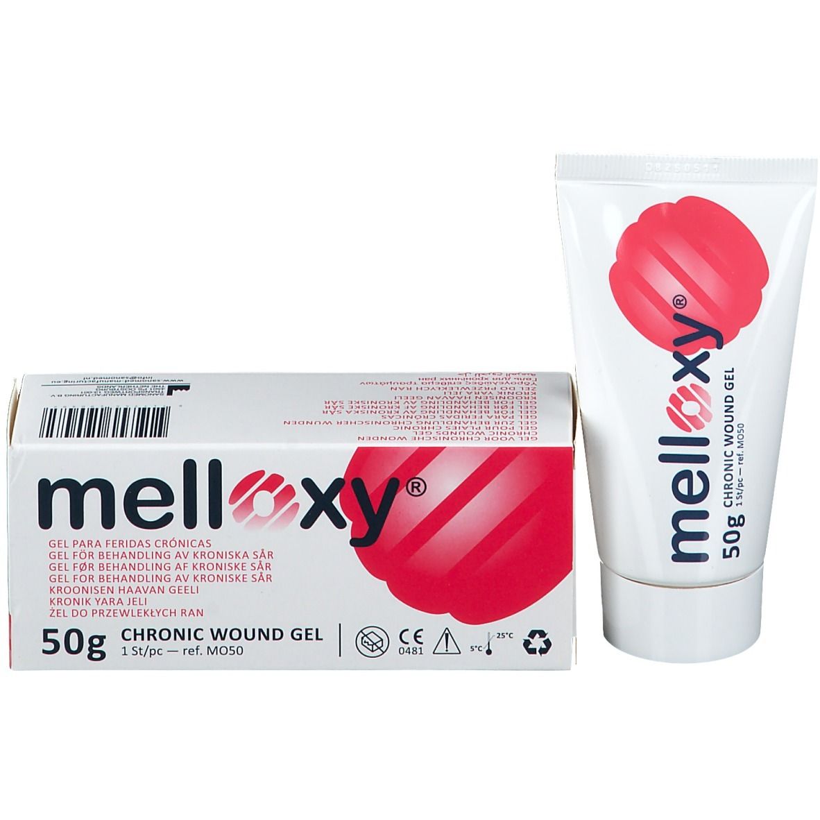 Tube blanc et boîte. Tube avec logo rouge et texte. Boîte avec logo, nom du produit, 50g, marquage CE. Pour plaies chroniques.