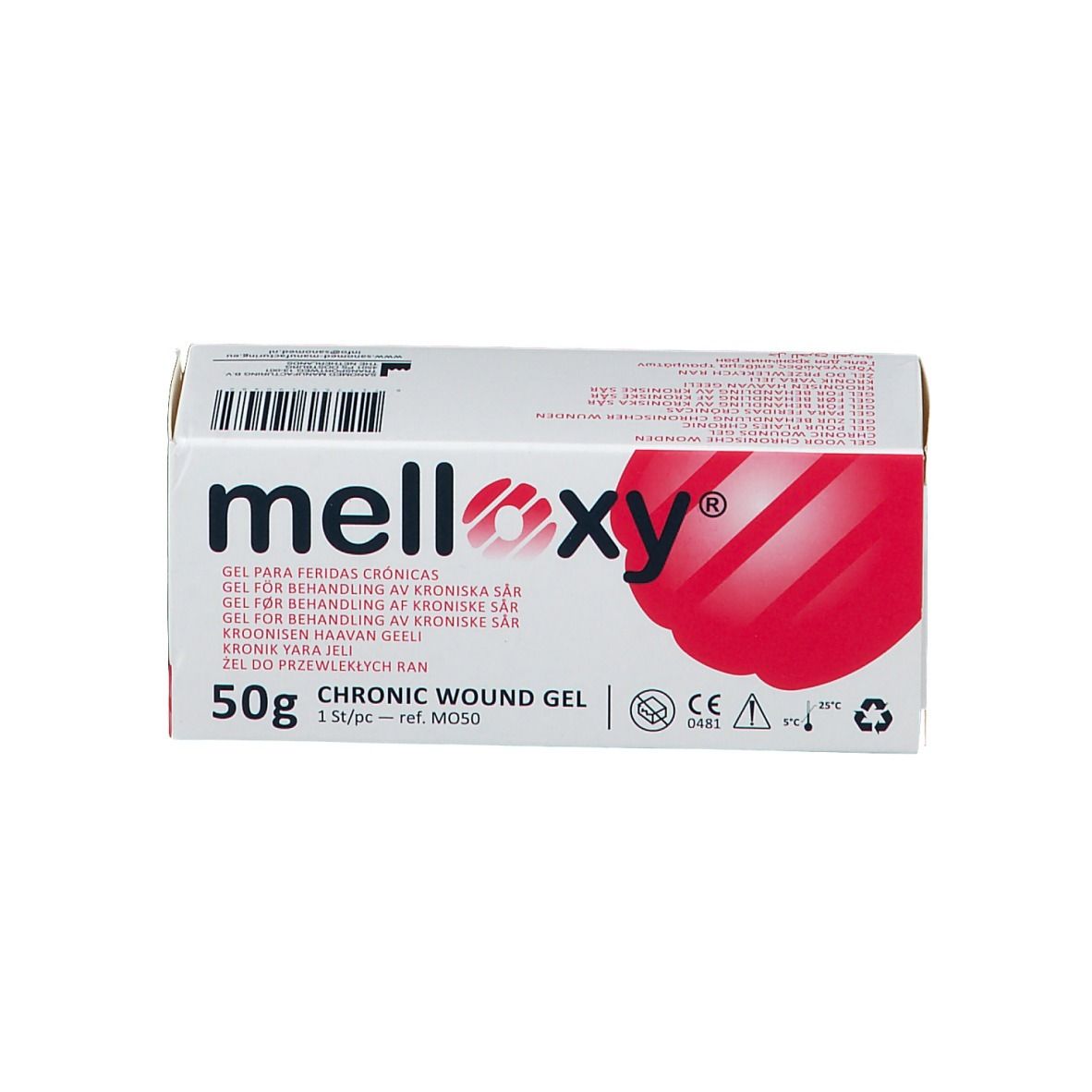 Boîte blanche avec logo rouge et texte. Contient des informations sur le produit et le marquage CE. Pour plaies chroniques. 50g.