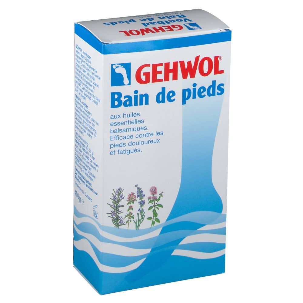 GEHWOL Fußbad-Verpackung. Weiß-blaue Schachtel mit Produktnamen und Fuß-Illustration. Enthält Kräuter-Illustrationen.