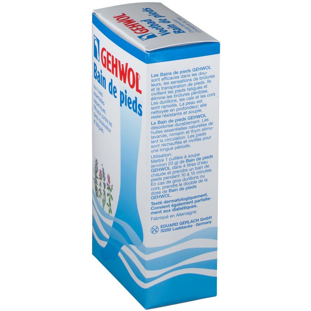 GEHWOL Fußbad-Verpackung, Seitenansicht. Textinformationen, Produktname, Illustrationen. Hergestellt in Deutschland.