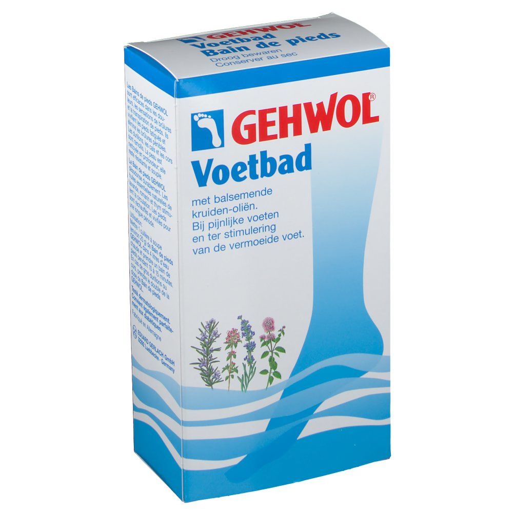 GEHWOL Voetbad-Verpackung. Weiß-blaue Schachtel mit Produktnamen und Fuß-Illustration. Enthält Kräuter-Illustrationen.