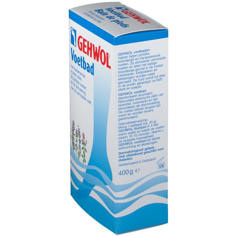 GEHWOL Voetbad-Verpackung, Seitenansicht. Textinformationen, Produktname, Illustrationen. 400g, hergestellt in Deutschland.
