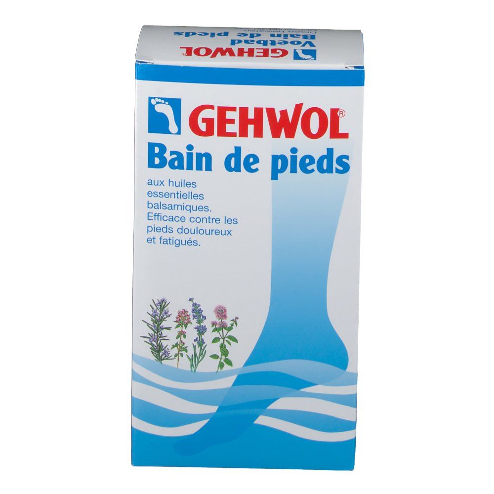 GEHWOL Fußbad-Verpackung. Weiß-blaue Schachtel mit Produktnamen und Fuß-Illustration. Enthält Kräuter-Illustrationen.