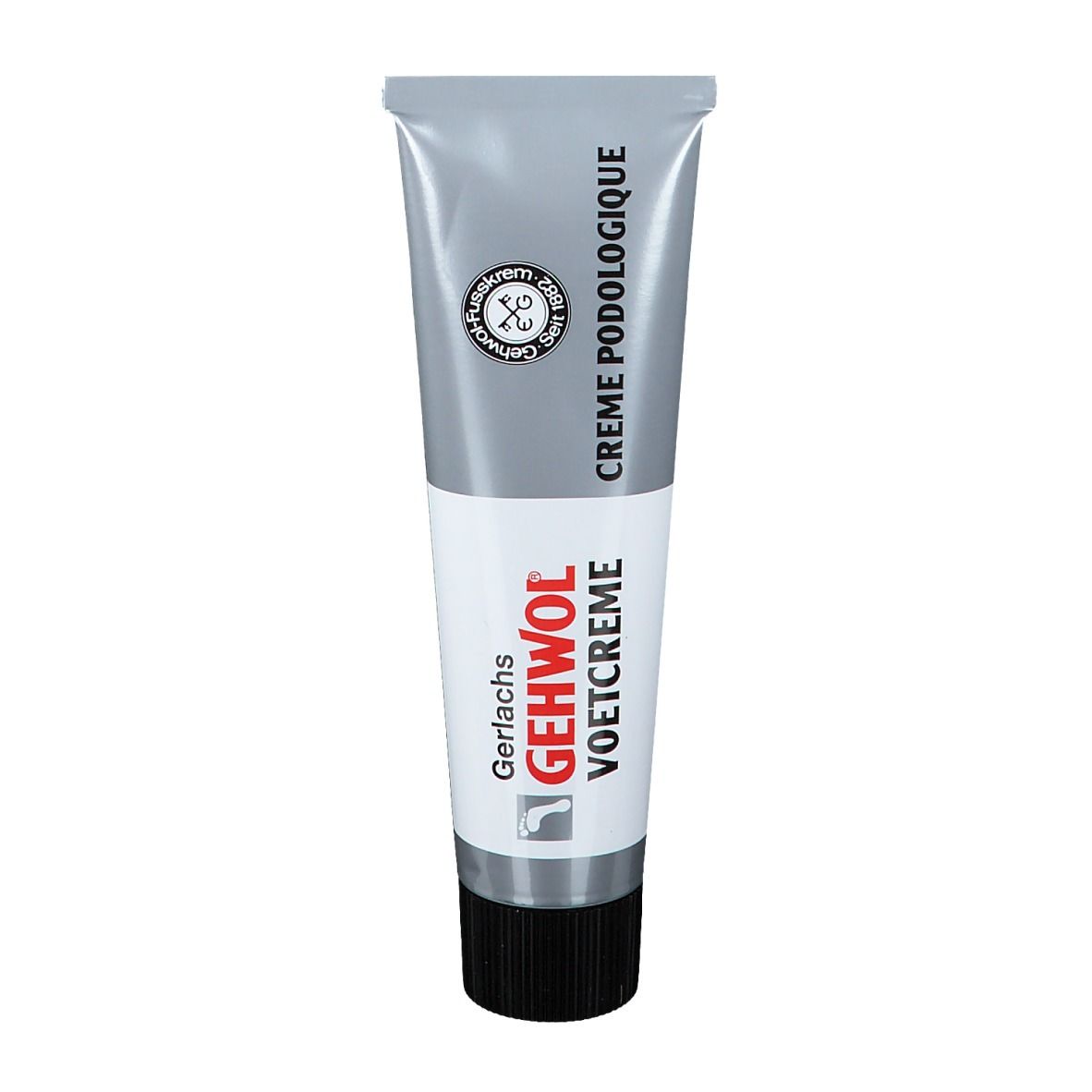 Tube argenté avec bouchon noir. Inscription: GEHWOL VOETCREME, CRÈME PODOLOGIQUE. Logo et texte.