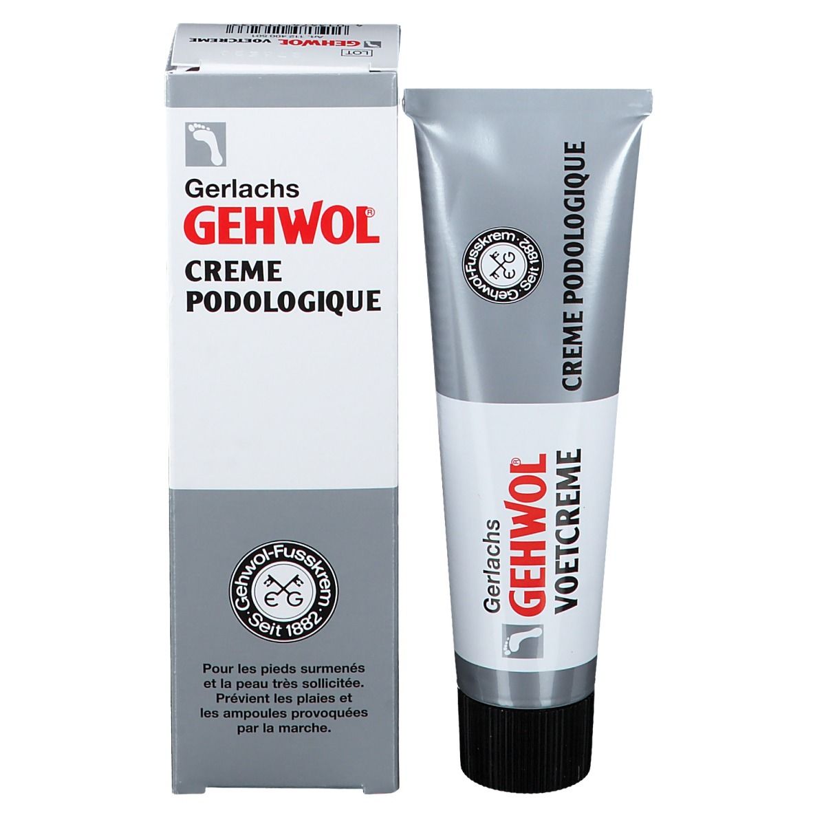 Emballage du produit: tube et boîte. Tube: GEHWOL VOETCREME. Boîte: GEHWOL, CRÈME PODOLOGIQUE. Logo et texte.