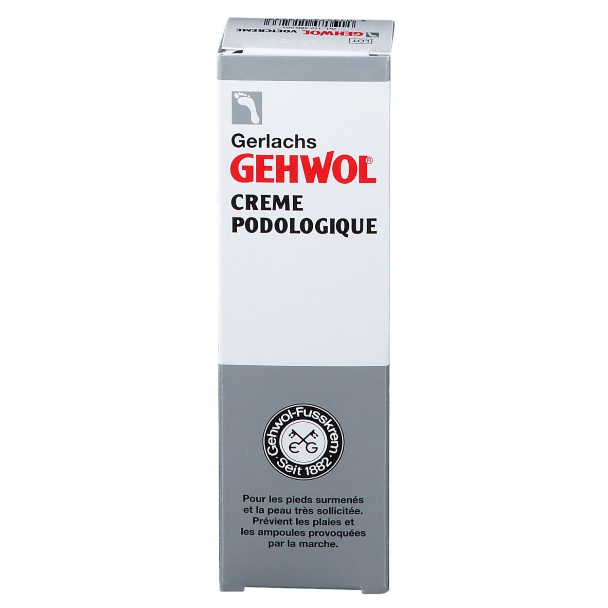 Emballage en carton. Inscription: GEHWOL, CRÈME PODOLOGIQUE. Logo et texte. Couleurs grises et blanches.
