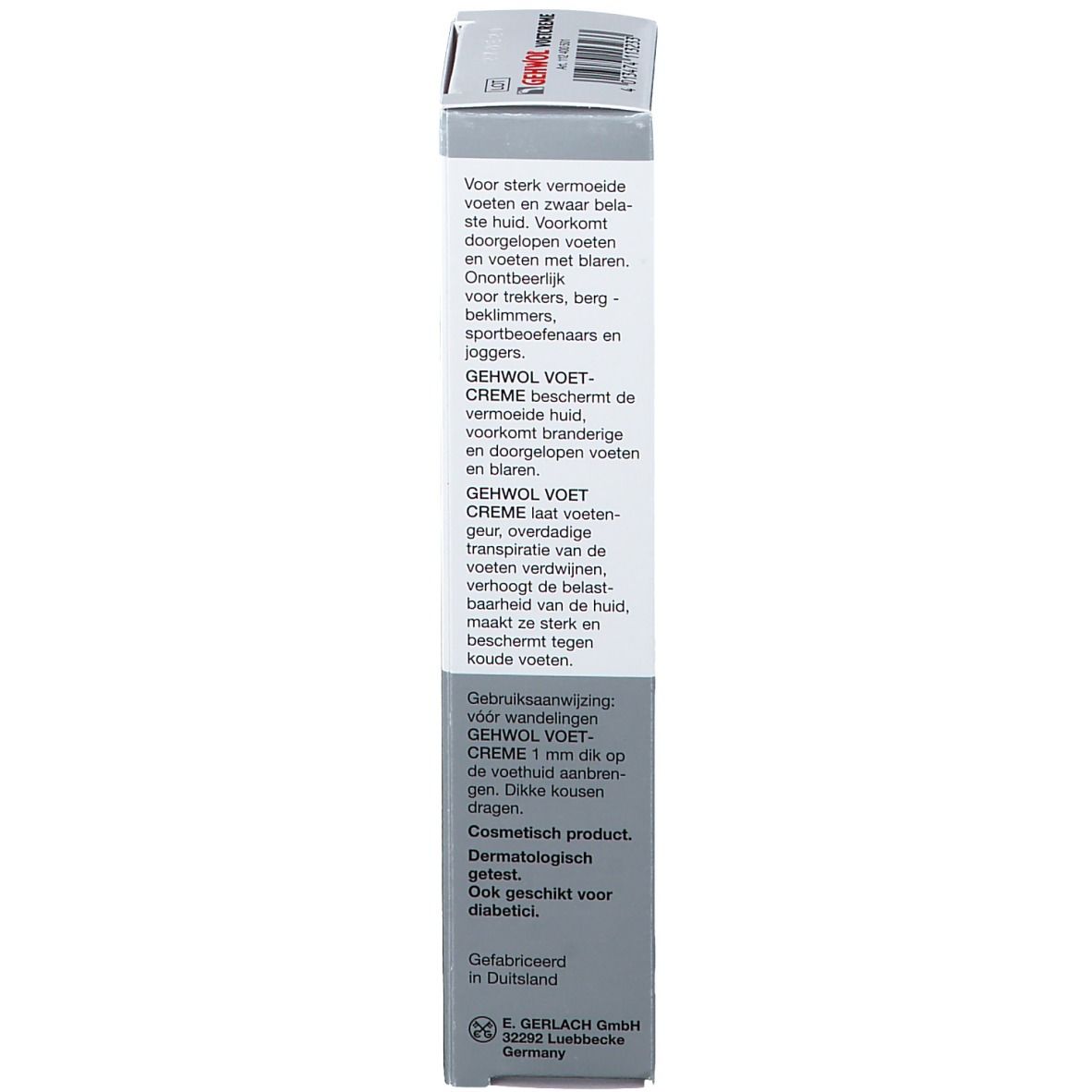 Dos de l'emballage en carton. Texte: GEHWOL VOET-CREME, instructions d'utilisation, convient aux diabétiques.