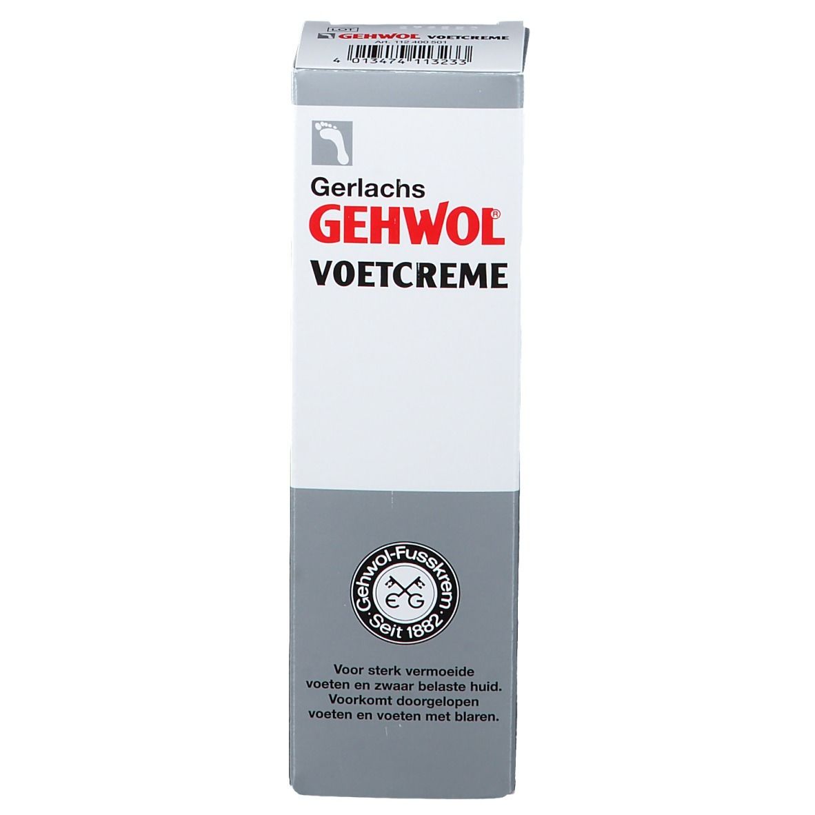 Emballage en carton. Inscription: GEHWOL VOETCREME. Logo et texte. Couleurs grises et blanches.