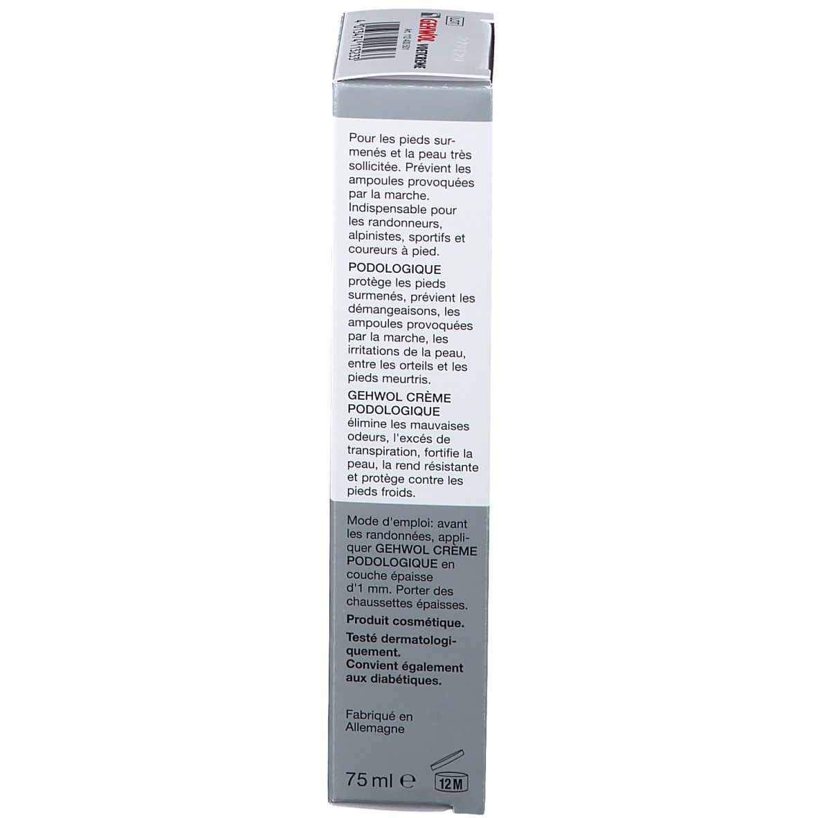 Dos de l'emballage en carton. Texte: GEHWOL CRÈME PODOLOGIQUE, instructions, 75 ml, pour diabétiques.