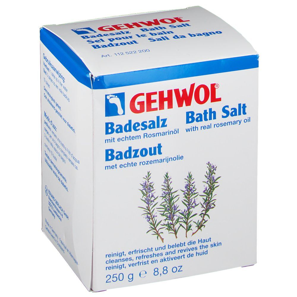 Boîte blanche à couvercle bleu. Inscription GEHWOL Badesalz mit Rosmarin. Illustration de brins de romarin. 250g.