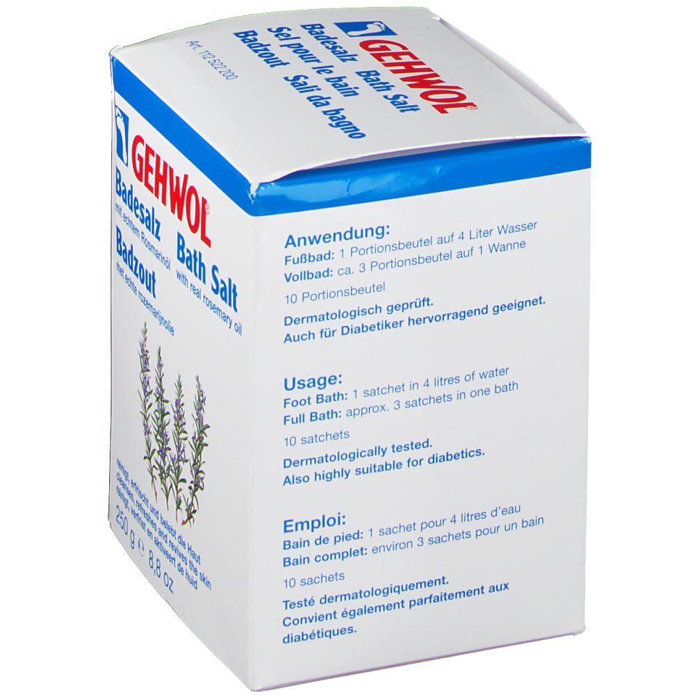 Dos de l'emballage. Texte sur l'utilisation et les ingrédients. 10 sachets. Testé dermatologiquement. Convient aux diabétiques.